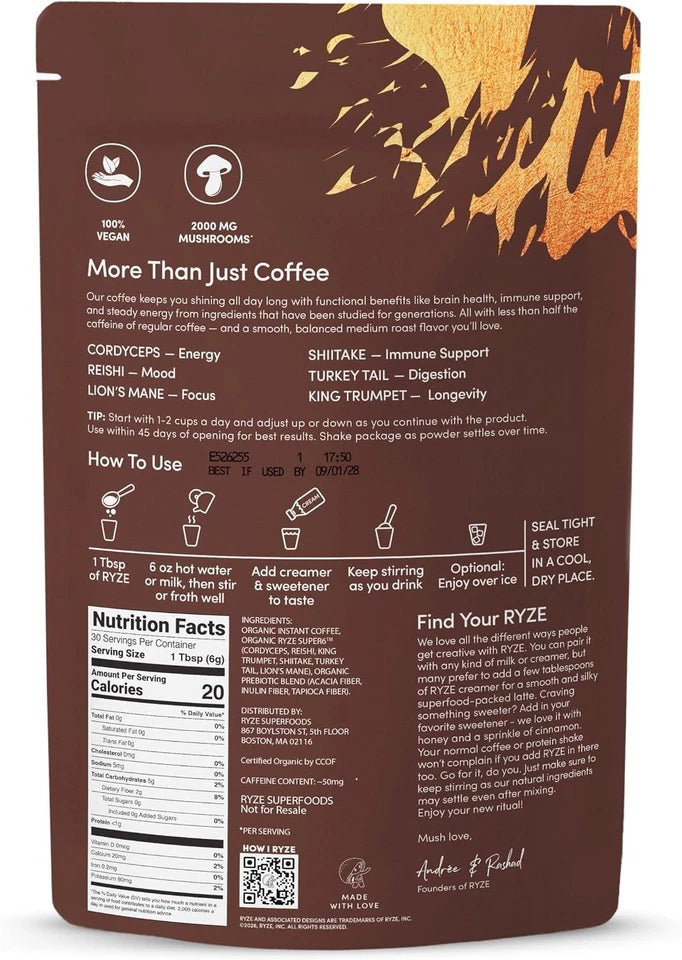 USDA Organic RYZE Mushroom Coffee – Medium Roast, 6 Mushrooms, 30 Servings