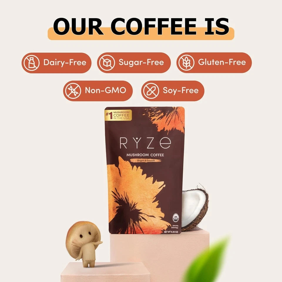 USDA Organic RYZE Mushroom Coffee – Medium Roast, 6 Mushrooms, 30 Servings